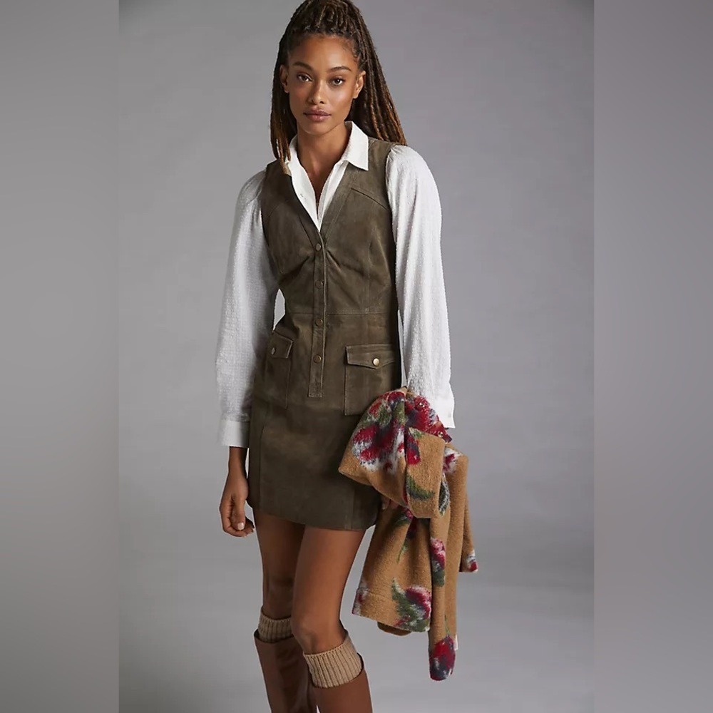 Pilcro and the Letterpress Olive Green Suede Leather Mini Dress Button Front 4
